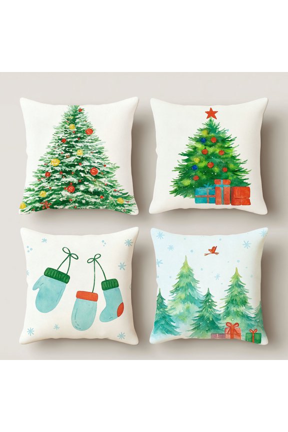 14x14 Inch Watercolor Christmas Throw Pillow Cover Snowy Xmas Tree Gift Gloves Winter Boho Home Decor Cushion Cover No Insert