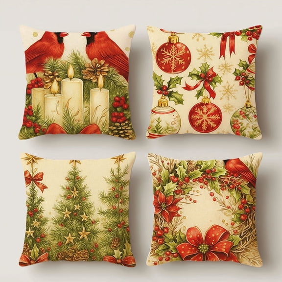 Hoease 16x16 Inch Christmas Cardinal Pillow Cover, Holiday Pine Berry Decorative Cushion Case for Sofa Bedroom, No Insert