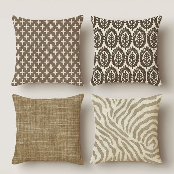 Hoease 18x18 Inch Washed Neutral Boho Farmhouse Throw Pillow Covers Set of 4, Multi Pattern Cross Leaf Solid Linen Zebra Linen Cushion Covers Only