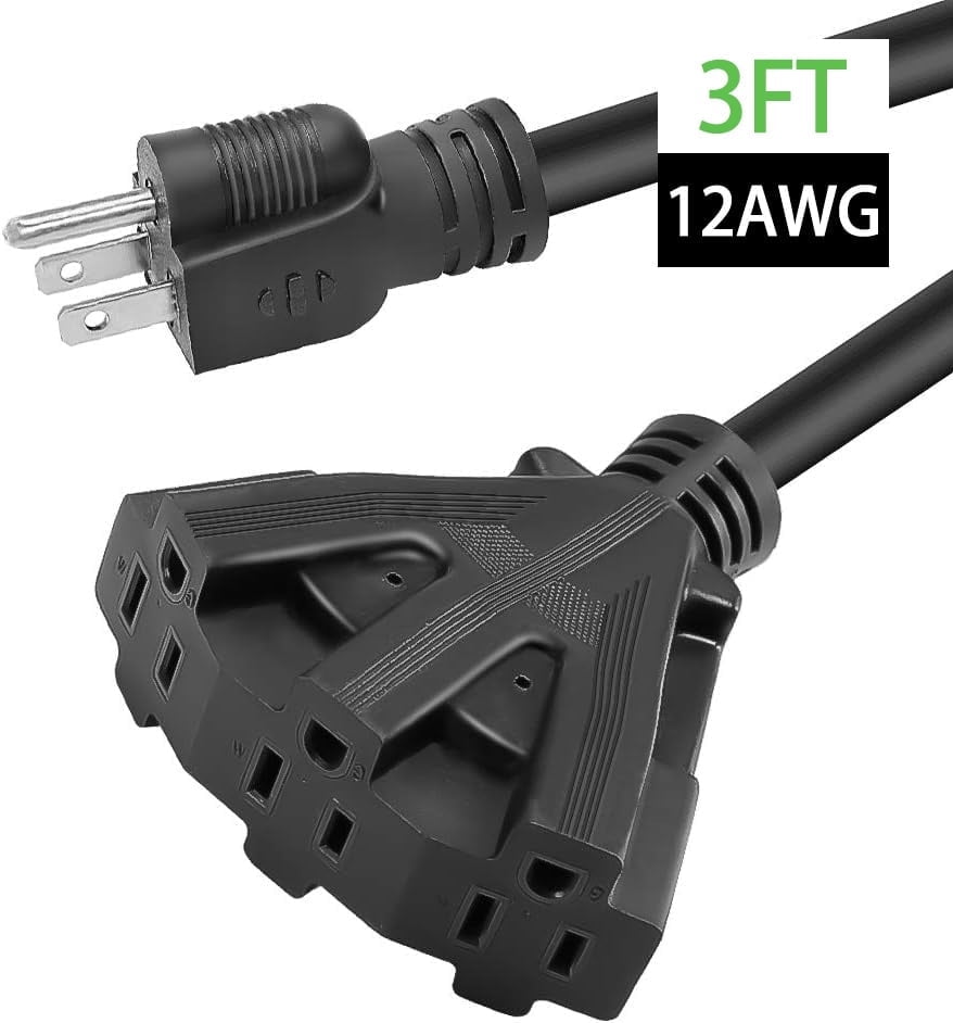 Hoease 3FT Outdoor Extension Cord, 12 Gauge 3-Outlet 15-Amp Heavy Duty Power Cord for Garden, Lawn, and Construction