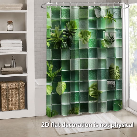 Hoease Green Glass Mosaic Tropical Leaves Shower Curtain, 71W x 71L Inch Waterproof Fabric Bathroom Curtain with 12 Hooks, Tropical Botanical Bath Decor