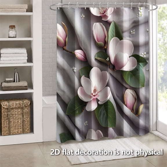 Hoease Magnolia Flower Fabric Shower Curtain, 71W x 71L Inch Waterproof Fabric Bathroom Curtain with 12 Hooks, Elegant Floral Bath Decor