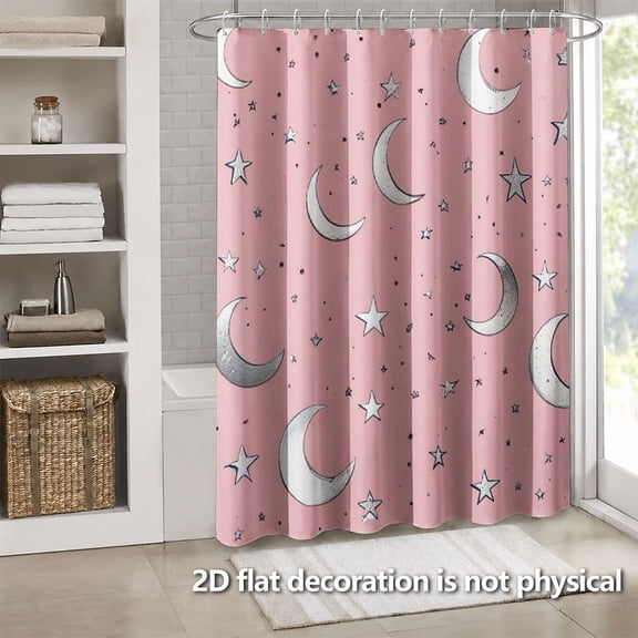 Hoease Pink Background Silver Moon Star Shower Curtain, 71W x 71L Inch Waterproof Fabric Bathroom Curtain with 12 Hooks, Sweet Dreamy Celestial Bath Decor