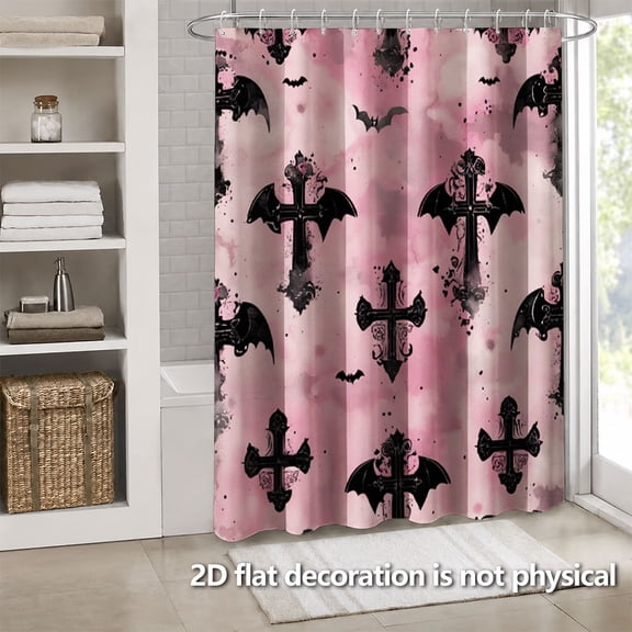 Hoease Pink Gothic Cross & Bat Pattern Shower Curtain, 71W x 71L Inch Waterproof Fabric Bathroom Curtain with 12 Hooks, Dark Gothic Aesthetic Bath Decor