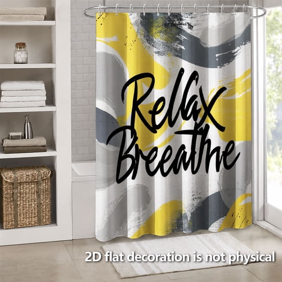 Hoease Relax Breathe Yellow Grey Brush Lettering Shower Curtain, 71W x 71L Inch Waterproof Fabric Bathroom Curtain with 12 Hooks, Minimal Inspirational Bath Decor