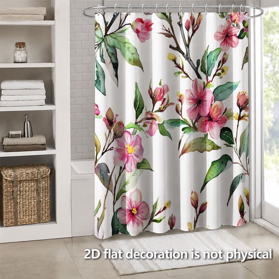 Hoease Watercolor Pink Blossom Branch Floral Shower Curtain, 71W x 71L Inch Waterproof Fabric Bathroom Curtain with 12 Hooks, Watercolor Floral Bath Decor