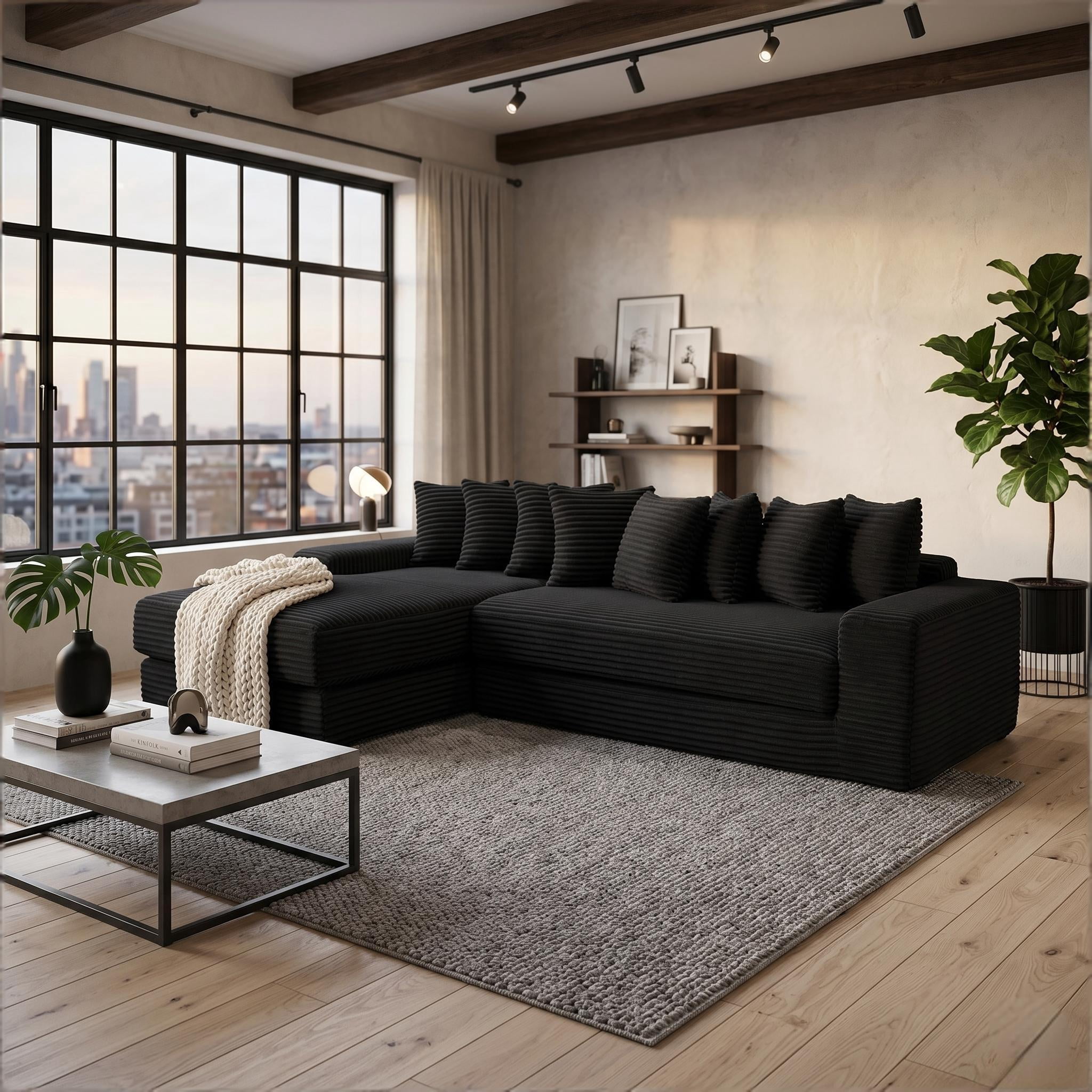 Howcool Modern L-Shaped Sectional Sleeper Sofa Oversized Cloud Couch 3-in-1 Convertible Floor Bed Corduroy with 8 Pillows