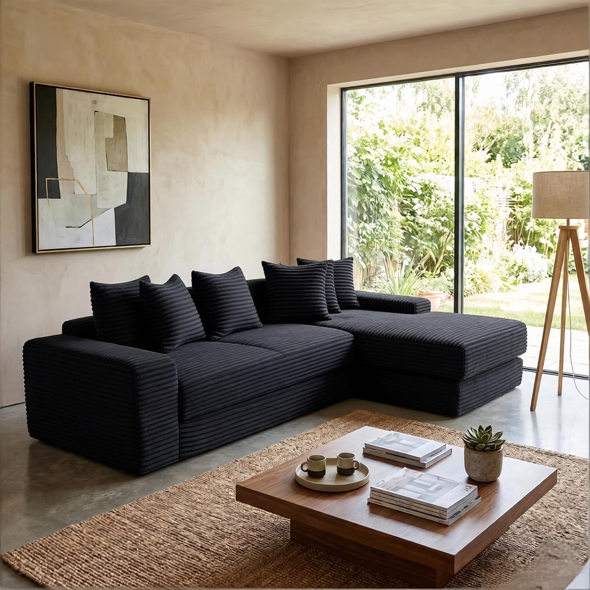 Howcool Modern L-Shaped Sectional Sleeper Sofa Oversized Cloud Couch 3-in-1 Convertible Floor Bed Corduroy with 8 Pillows