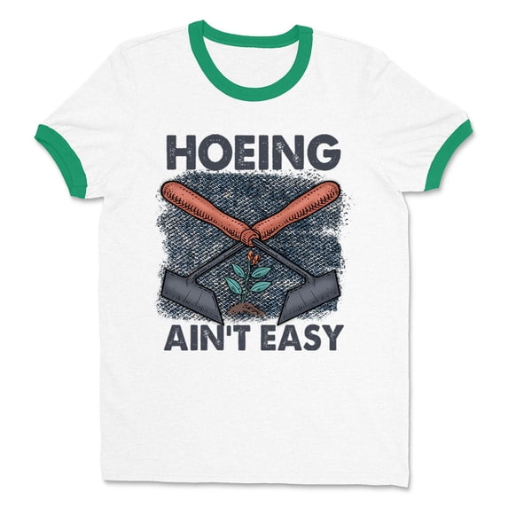 Hoeing Ain't Easy Ringer Tee Shirt Unisex Medium White/Kelly Green