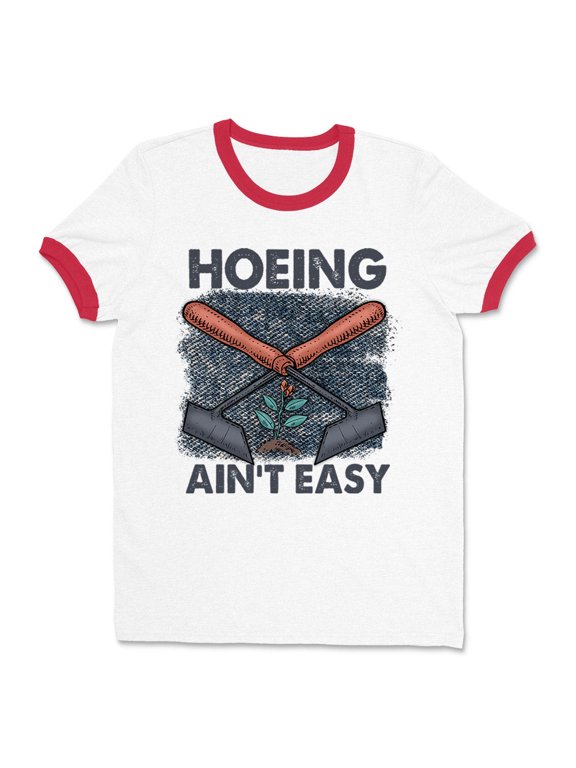 Hoeing Ain't Easy Ringer Tee Shirt Unisex Small White/Red