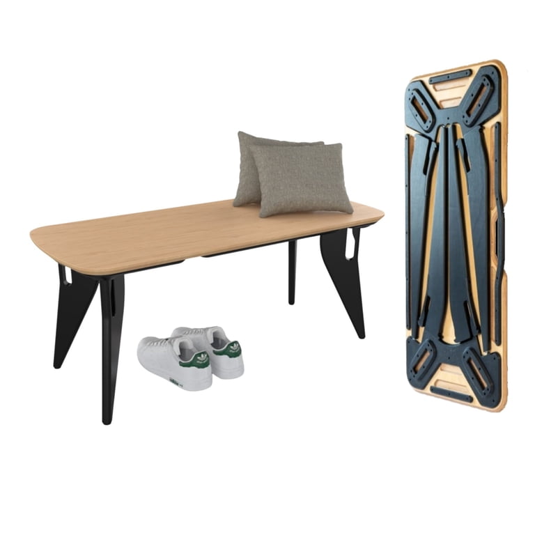 HOEK Bench 42x18 Inch - Tool-Free One-Click Assembly, Foldable Wall-Mount Storage, Sustainable Birch/Black