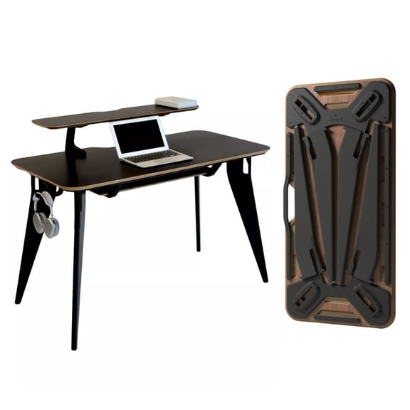 Hoek Student Desk Bundle, 47.5" x 23", Collapsible Dorm or Home Study Desk with Monitor Shelf, Under Shelf, Side Hook and Wall Storage, Portable Table with Easy Tool-Free Setup (Black/Black)