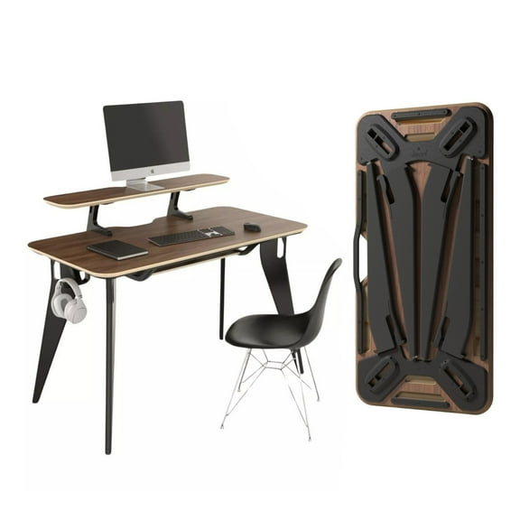 Hoek Folding Desk Bundle, 47.5" x 23", Compact Workstation with Monitor Shelf, Under Shelf & Hook, One-Click Assembly, Portable Home Office Desk for Small Spaces (Walnut/Black)