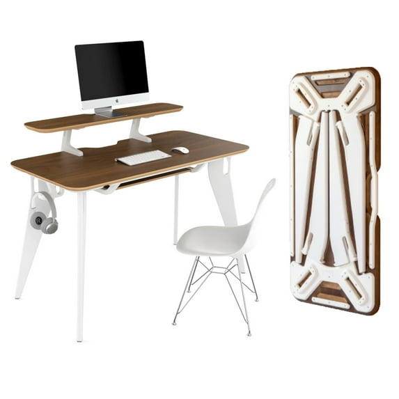 Hoek Desk Bundle, 47.5" x 23", Modular Collapsible Workstation with SNAP Assembly, Monitor Shelf, Under Shelf, Side Hook and Wall Cleat, Portable Folding Computer Desk for Home Office (Walnut/White)