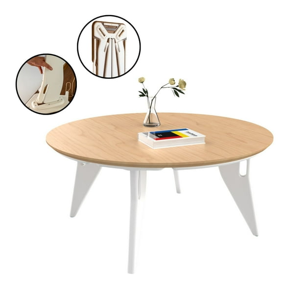 Hoek Round Coffee Table, 34-inch - Tool-Free Quick Assembly, Space-Saving & Minimalist Design - Compact Modern Living Room Accent, Multipurpose Durable Furniture (Birch/White)