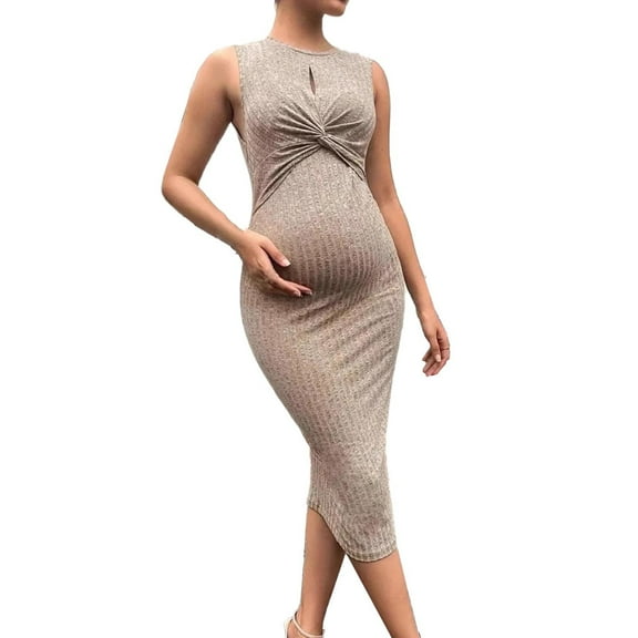 Hoen Knit Ribbed Maternity Dresses for Women Sleeveless Front Twisted Breastfeeding Dresses Stretchy Comfort Hip Wrapped Dresses Casual Bodycon Midi Pregnant Dresses