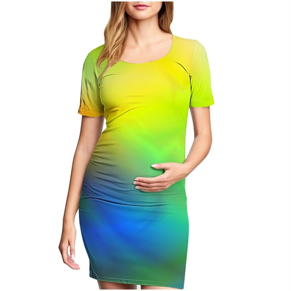 Hoen Maternity Dresses for Women Short Sleeve Round Neck Ruched Pregnant Dresses Lightweight Breathable Bodycon Midi Dresses Printed Casual Pleated Dresses