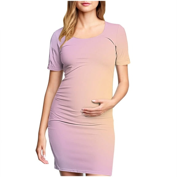 Hoen Maternity Dresses for Women Short Sleeve Round Neck Ruched Pregnant Dresses Lightweight Breathable Bodycon Midi Dresses Printed Casual Pleated Dresses