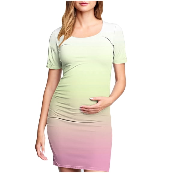 Hoen Maternity Dresses for Women Short Sleeve Round Neck Ruched Pregnant Dresses Lightweight Breathable Bodycon Midi Dresses Printed Casual Pleated Dresses