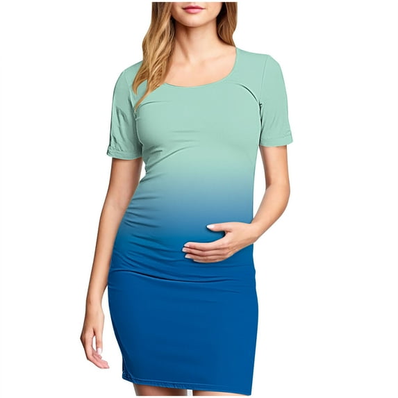 Hoen Maternity Dresses for Women Short Sleeve Round Neck Ruched Pregnant Dresses Lightweight Breathable Bodycon Midi Dresses Printed Casual Pleated Dresses