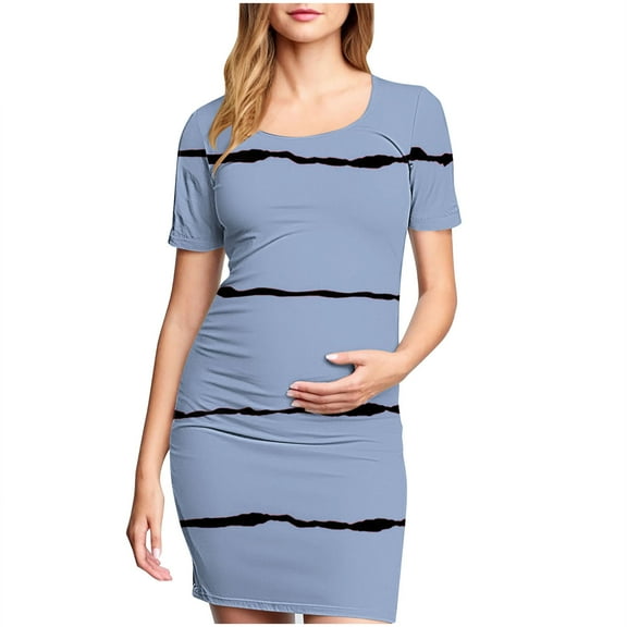 Hoen Maternity Dresses for Women Short Sleeve Round Neck Ruched Pregnant Dresses Lightweight Breathable Bodycon Midi Dresses Striped Printed Casual Pleated Dresses