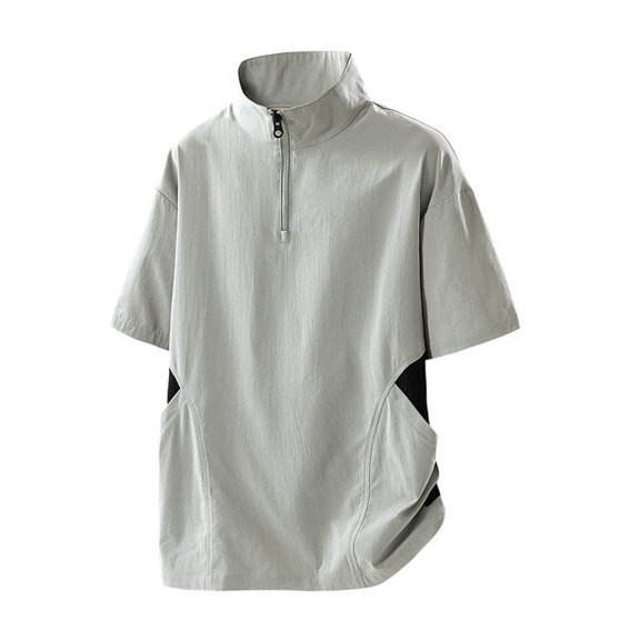Hoen Sports Stand Collar Shirts for Men Half Zipper Short Sleeve Pullover Shirts Breathable Athletic Patchwork Blouse Tops Casual Loose Fitness Shirts