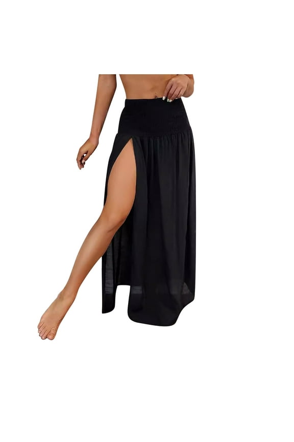 Summer Beach Skirts for Women Elastic High Waist Side High Slit Ruched Flowy Skirts Lightweight Comfort Cover-Up Skirts Casual Loose Beach Vacation Skirts