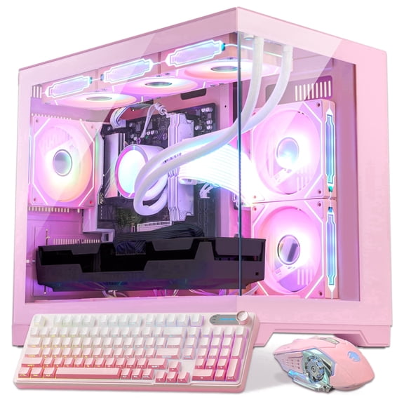 Hoengager Gaming Desktop- AMD Ryzen 7 9700X, RTX 5060 Ti 8G, 16GB DDR5, 2TB SSD, 850W PSU, RGB FUSION 2.0, Liquid Cooler, Windows 11, Keyboard- Pink
