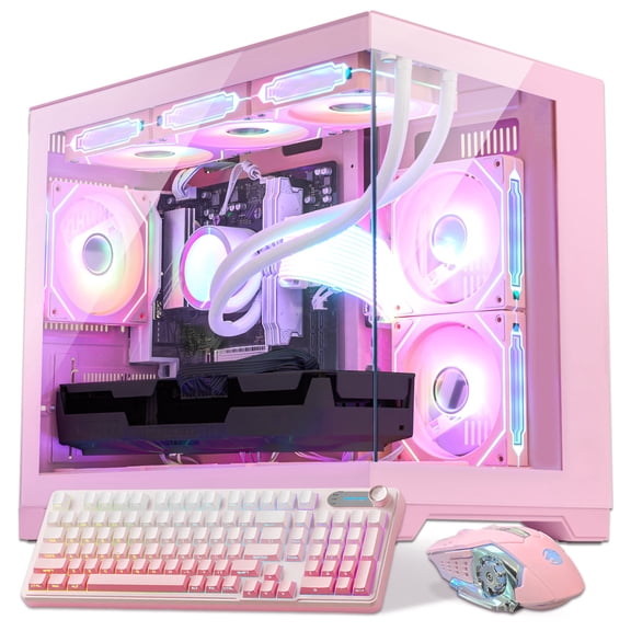 Hoengager Gaming Desktop- AMD Ryzen 7 9700X, RTX 5060 Ti 8G, 16GB DDR5, 2TB SSD, 850W PSU, RGB FUSION 2.0, Liquid Cooler, Win 11 + Keyboard- Pink