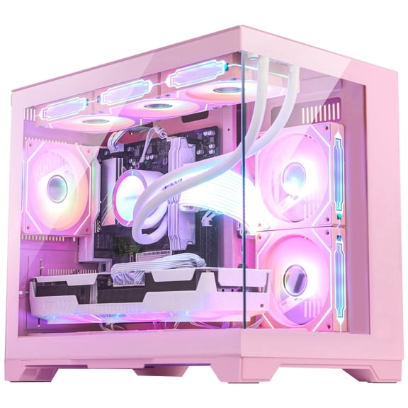 Hoengager Gaming PC AMD Ryzen 5 9600X, Radeon RX 9060 XT 16GB, 32GB DDR5 RAM, 1TB PCIe +1TB SATA SSD, 850W Gold PSU, 360 Liquid Cooler, Win 11- Pink