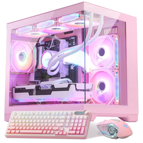 Hoengager Gaming PC AMD Ryzen 7 9700X, RTX 5070 12G, 32GB DDR5, 1TB SSD, 850W Gold PSU,360 Liquid Cooler, RGB Fusion 2.0, Win 11 + Keyboard- Pink
