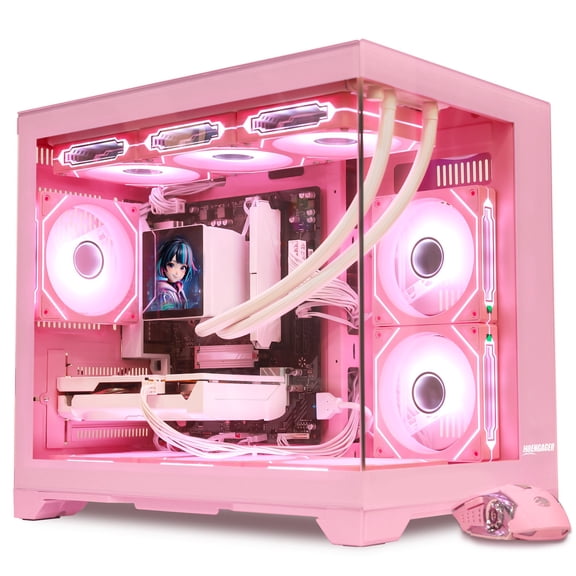 Hoengager Gaming PC -AMD Ryzen 7 9700X, RX 9060 XT 16G, 16GB DDR5, 1TB SSD, 850W Gold PSU,360 LCD Screen Liquid Cooler, RGB Fusion 2.0, Win 11 - Pink