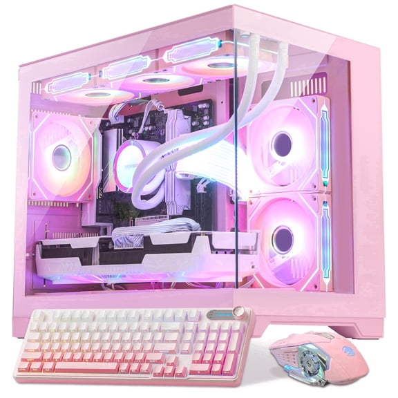 Hoengager Gaming PC AMD Ryzen 7 9700X, RX 9060 XT 16GB, 32GB DDR5, 1TB SSD, 850W PSU, Liquid Cooler, RGB Fusion 2.0, Win11 + Keyboard and Mouse - Pink