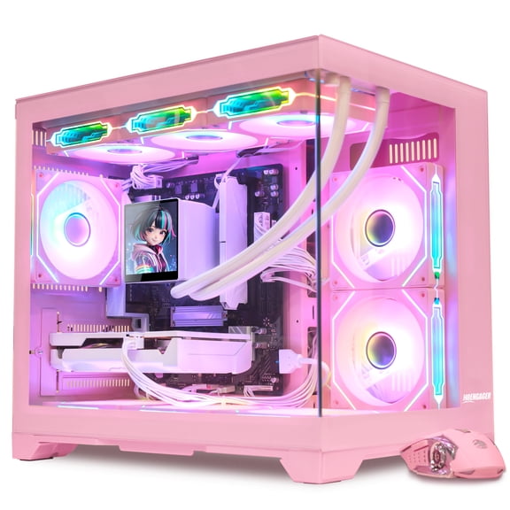 Hoengager Gaming PC AMD Ryzen 7 9800X3D, RTX 5070 Ti 16G, 32GB DDR5, 1TB SSD, 850W PSU, 360 LCD Screen Liquid Cooler, RGB Fusion 2.0, Win 11 -Pink
