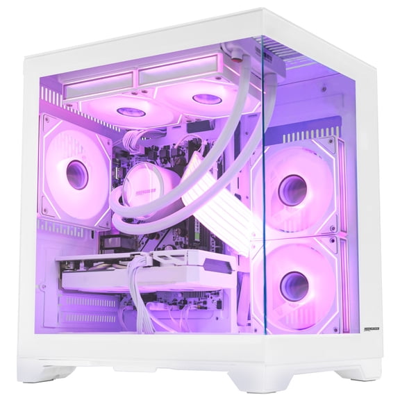 Hoengager Panorama Gaming PC AMD Ryzen 7 5700X 3.4 GHz, Radeon RX 9060 XT 16GB, 32GB DDR4,1TB PCIe and 2TB SATA SSD, Liquid Cooler, Windows 11-White