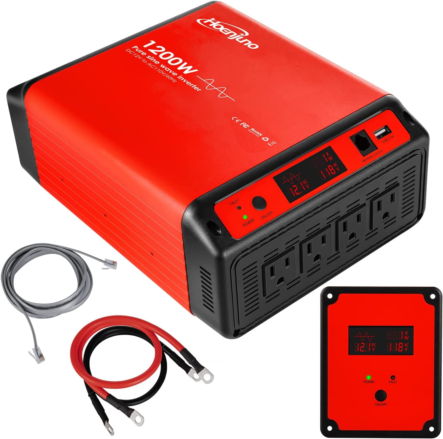 Hoenjuno 1200W Pure Sine Wave Inverter Power Converter DC 12V to AC 110V  Power Source with 15 Feet Remote Control Cable Red 