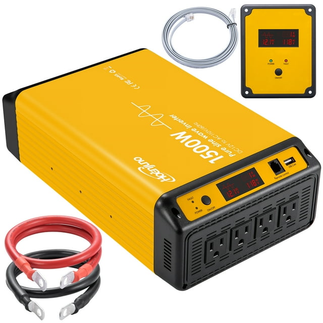 Hoenjuno 1500W Pure Sine Wave Power Inverter with 4 AC Outlets, USB Port, and Remote Control, DC