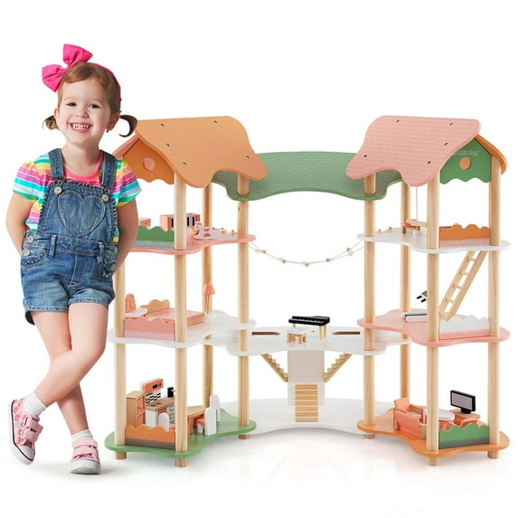 Costway Kids Wooden Dollhouse Aged 3-8 Years Old with 32PCS Realistic Furniture Accessories