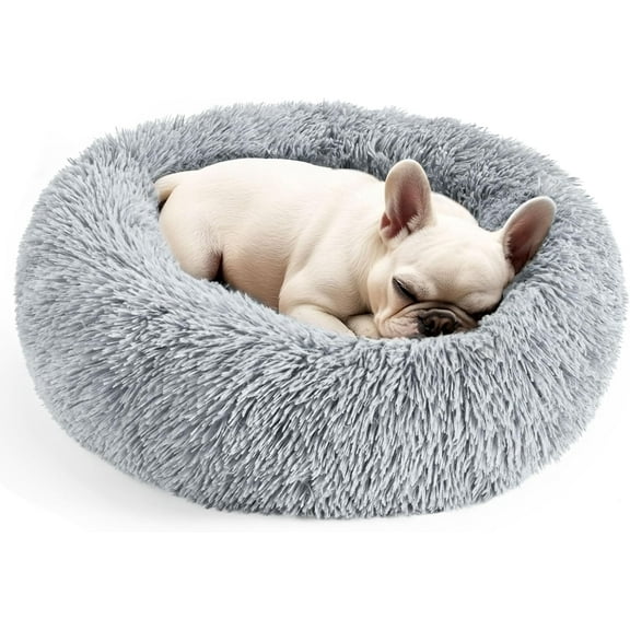 Hoewina Dog & Cat Bed for Indoor Cats, 20in Calming Donut Bed for Puppy and Kitten, Washable Round Fluffy Pet Bed for Small Medium Dogs and Cats (Light Grey)