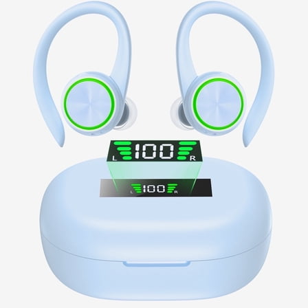 Wireless Earbuds, Bluetooth 5.3 Sports Headphones with Earhooks Stereo Deep Bass Noise Cancelling Earphones 48H Playtime LED Display IPX7 Waterproof Earbud with Mic Headset for Workout Running