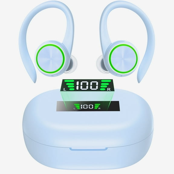 Wireless Earbuds, Bluetooth 5.3 Sports Headphones with Earhooks Stereo Deep Bass Noise Cancelling Earphones 48H Playtime LED Display IPX7 Waterproof Earbud with Mic Headset for Workout Running