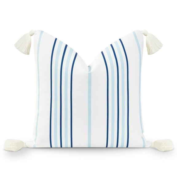 Hofdeco Coastal Hampton Style Patio Indoor Outdoor Throw Pillow Cover Only, 18"x18" Water Resistant for Backyard, Couch, Baby Blue Navy Stripe Tassel