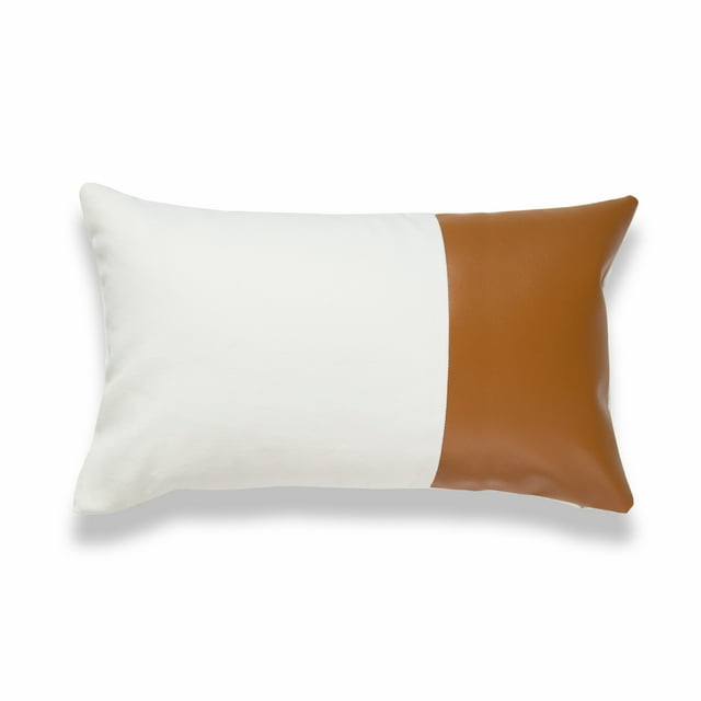 Hofdeco Faux Leather and 100% Cotton Pillow Cover ONLY, Camel White Modern Design, 12"x20"