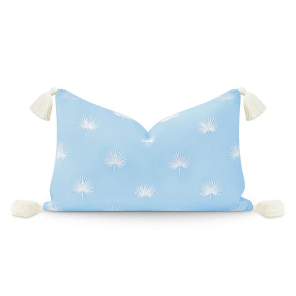 Hofdeco Premium Coastal Hampton Style Patio Indoor Outdoor Lumbar Pillow Cover Only, 12"x20" Water Resistant for Backyard, Couch, Baby Blue Embroidered Palm Leaf Tassel