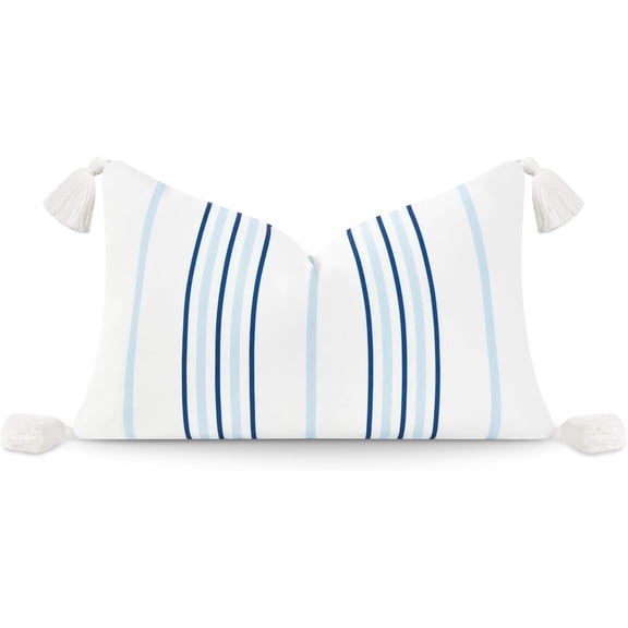 Hofdeco Premium Coastal Hampton Style Patio Indoor Outdoor Lumbar Pillow Cover Only, 12"x20" Water Resistant for Backyard, Couch, Baby Blue Navy Stripe White Tassels