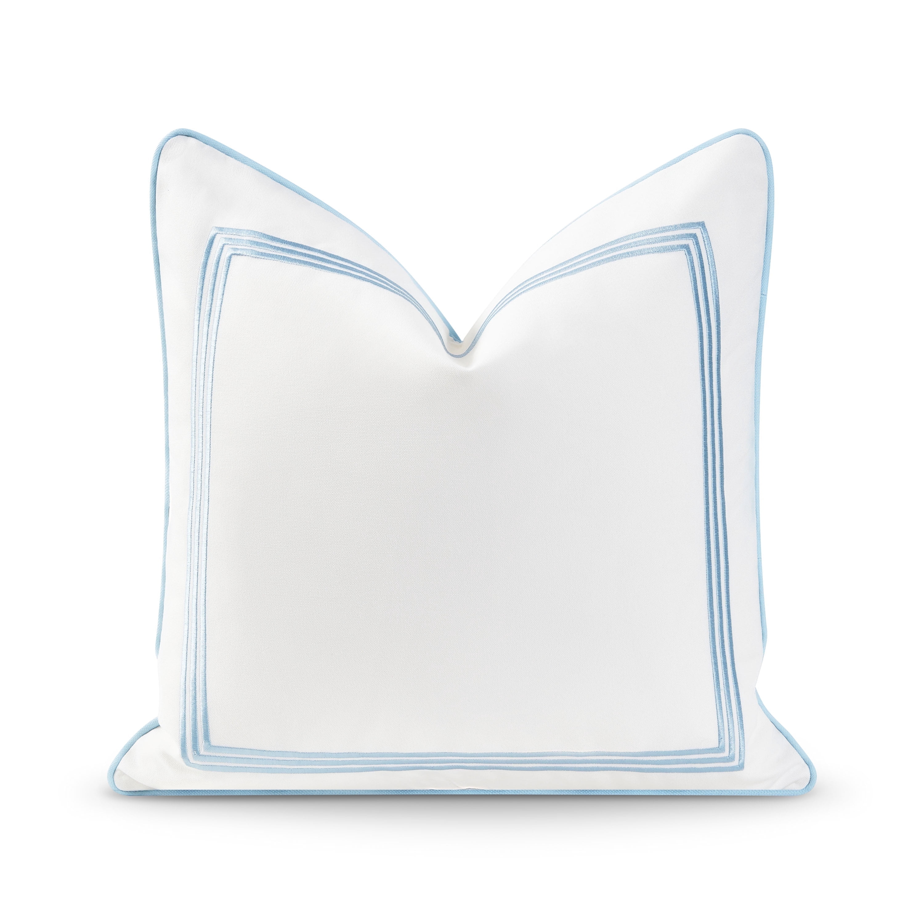 Hofdeco Premium Coastal Hampton Style Patio Indoor Outdoor Pillow Cover Only, 20"x20" Water Resistant for Backyard, Couch, Baby Blue Embroidered Square Line