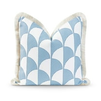 Hofdeco Premium Coastal Hampton Style Patio Indoor Outdoor Pillow Cover Only, 20"x20" Water Resistant for Backyard, Couch, Baby Blue Scale Motif Fringe