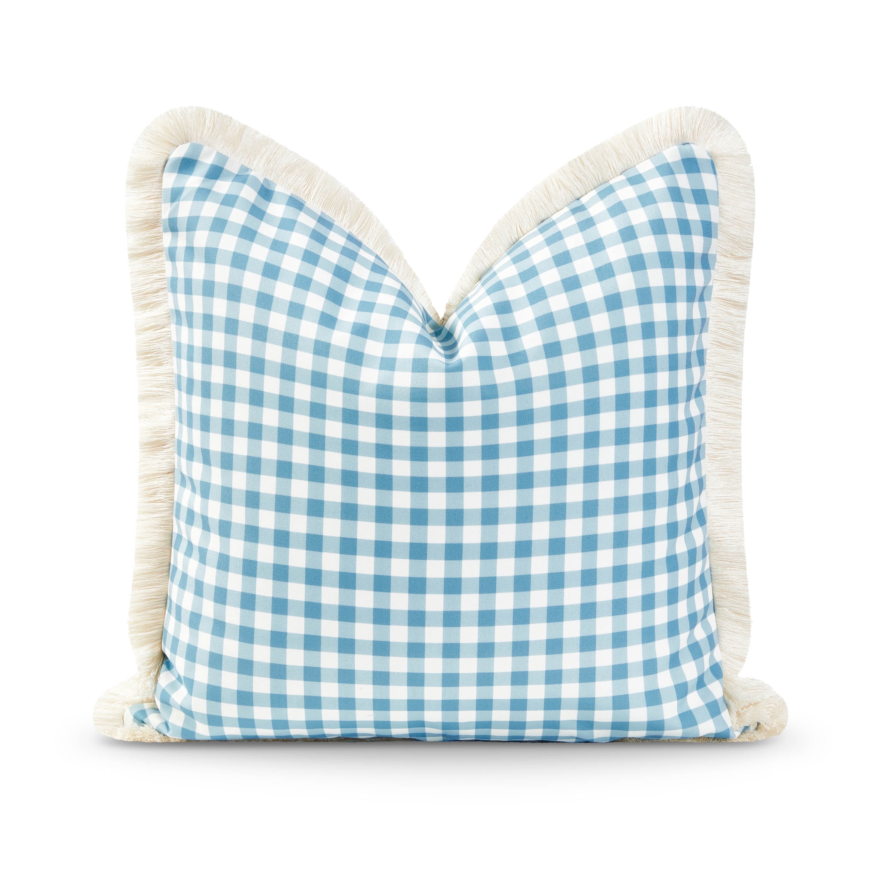Hofdeco Premium Coastal Hampton Style Patio Indoor Outdoor Pillow Cover Only, 20"x20" Water Resistant for Backyard, Couch, Baby Blue Gingham Fringe