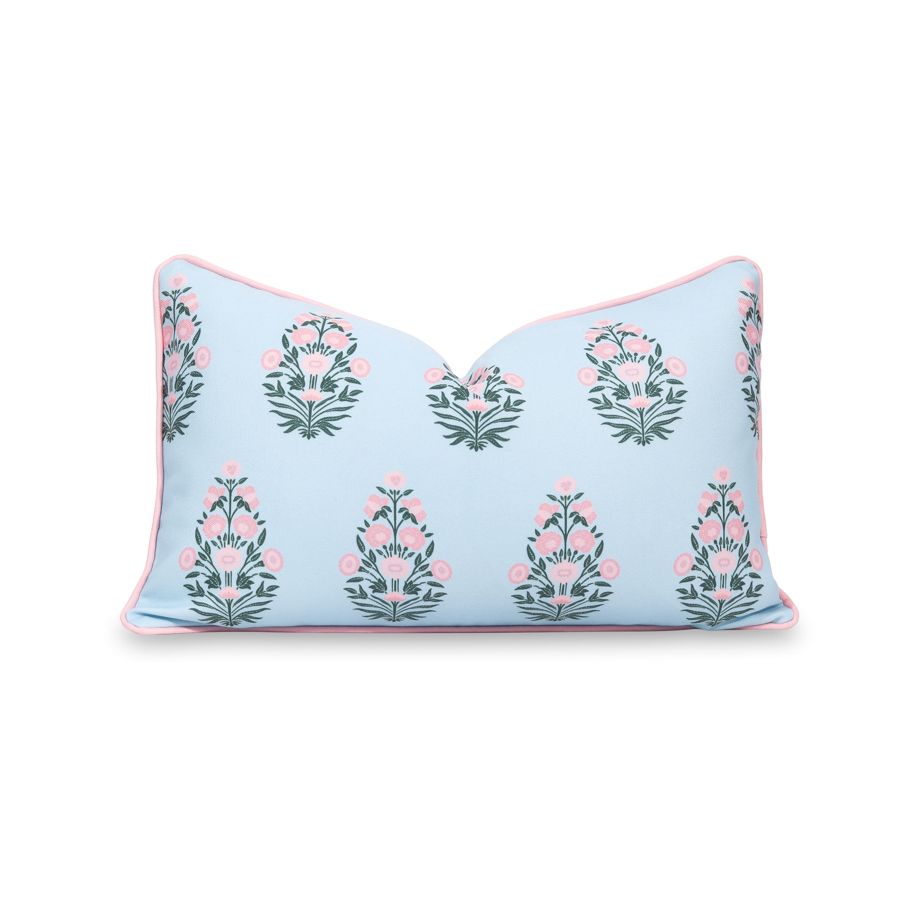 Hofdeco Premium Coastal Patio Indoor Outdoor Lumbar Pillow Cover Only, 12"x20" Water Repellent for Backyard, Couch, Baby Blue Blush Pink Floral with Piping