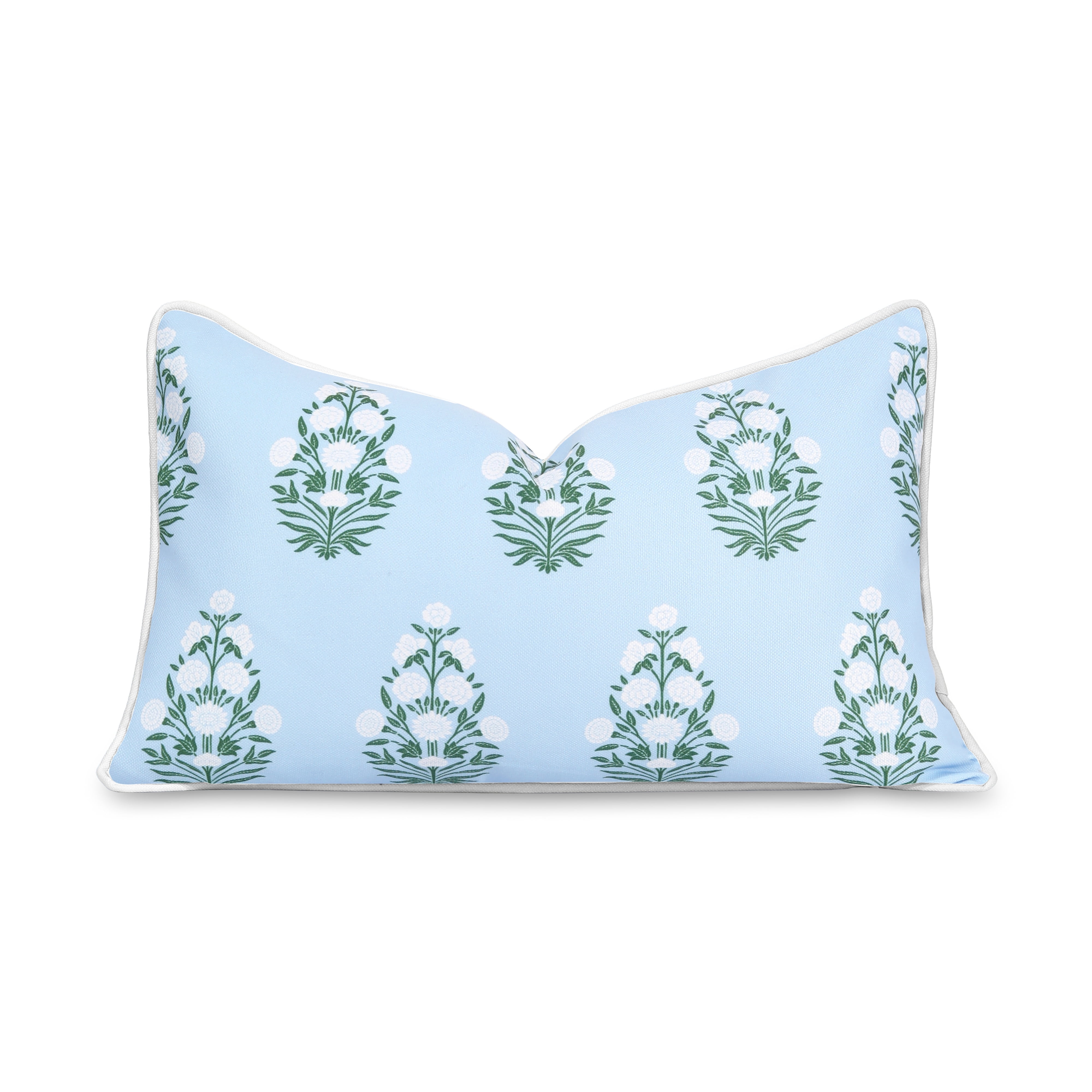 Hofdeco Premium Coastal Patio Indoor Outdoor Lumbar Pillow Cover Only, 12"x20" Water Repellent for Backyard, Couch, Baby Blue White Green Floral with Piping
